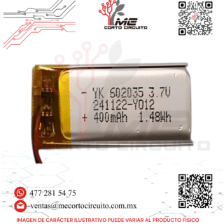 BATERIA RECARGABLE DE LITIO 3.7V 400 mAh